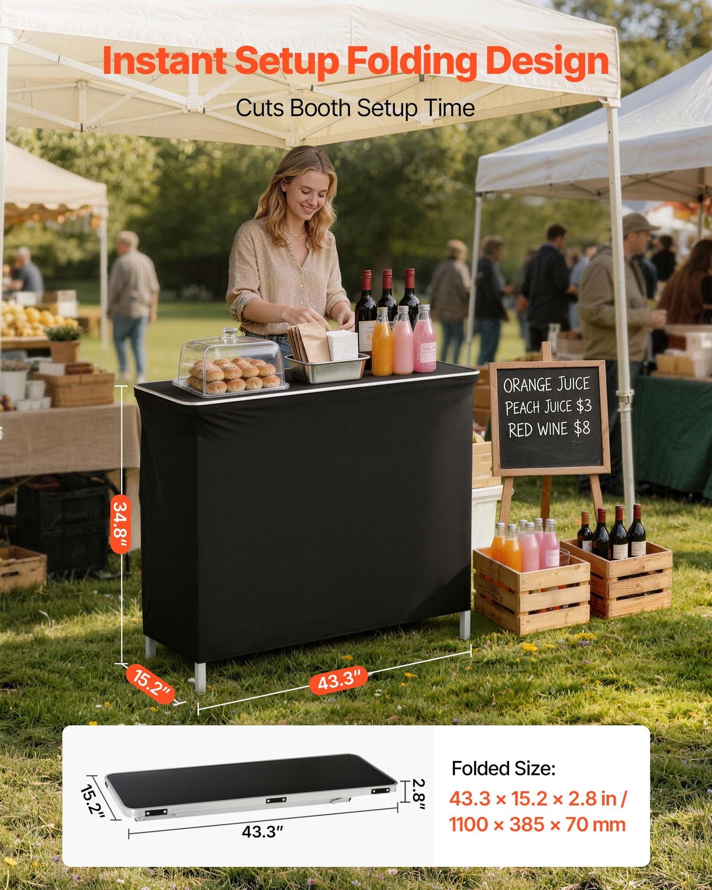 Folding Portable Bar Table, 1100 x 385 x 885 mm, with Carry Bag, Storage Shelf, and Detachable Skirt, Quick and Easy Setup, Foldable Mobile Bartending Station for Events, Party, Tradeshow