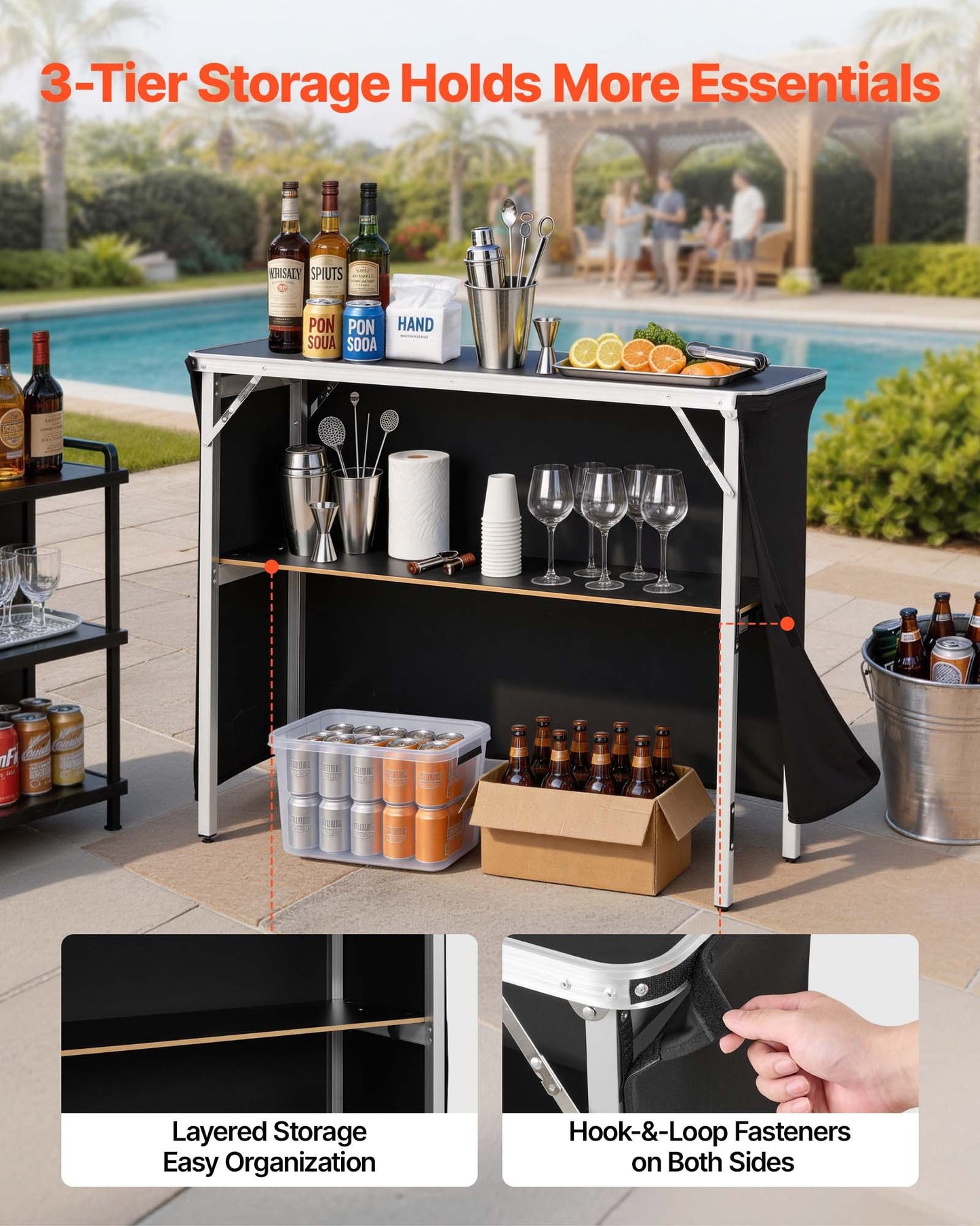 Folding Portable Bar Table, 1100 x 385 x 885 mm, with Carry Bag, Storage Shelf, and Detachable Skirt, Quick and Easy Setup, Foldable Mobile Bartending Station for Events, Party, Tradeshow