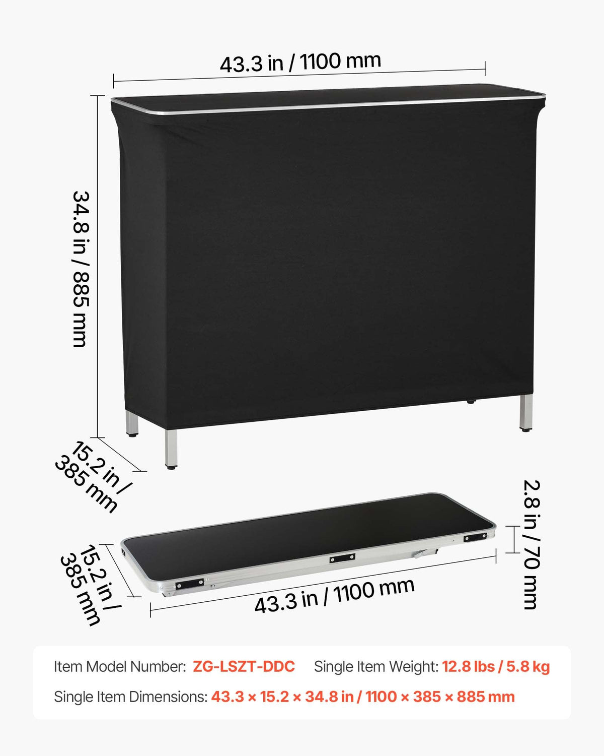 Folding Portable Bar Table, 1100 x 385 x 885 mm, with Carry Bag, Storage Shelf, and Detachable Skirt, Quick and Easy Setup, Foldable Mobile Bartending Station for Events, Party, Tradeshow