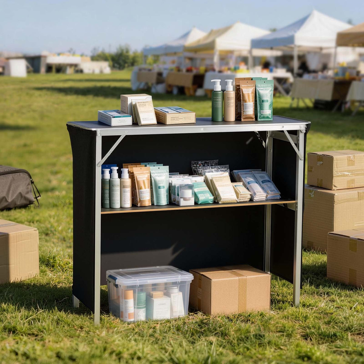 Folding Portable Bar Table, 1100 x 385 x 885 mm, with Carry Bag, Storage Shelf, and Detachable Skirt, Quick and Easy Setup, Foldable Mobile Bartending Station for Events, Party, Tradeshow