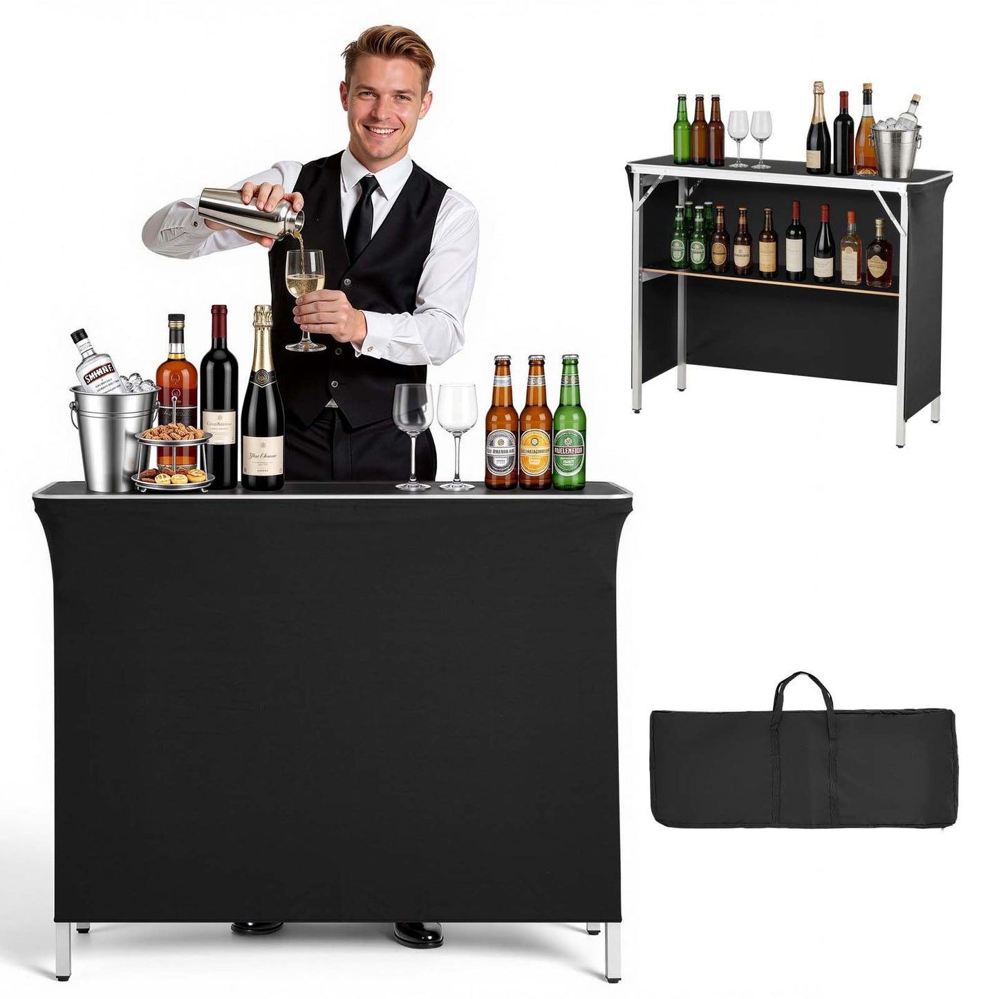 Folding Portable Bar Table, 1100 x 385 x 885 mm, with Carry Bag, Storage Shelf, and Detachable Skirt, Quick and Easy Setup, Foldable Mobile Bartending Station for Events, Party, Tradeshow