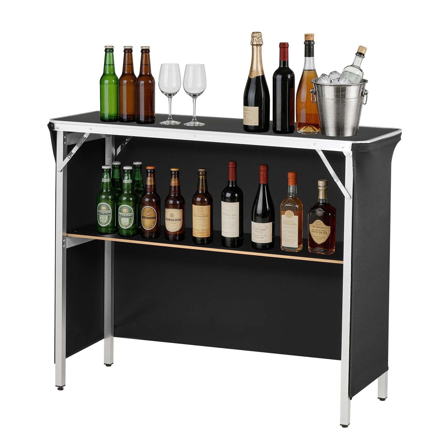 Folding Portable Bar Table, 1100 x 385 x 885 mm, with Carry Bag, Storage Shelf, and Detachable Skirt, Quick and Easy Setup, Foldable Mobile Bartending Station for Events, Party, Tradeshow