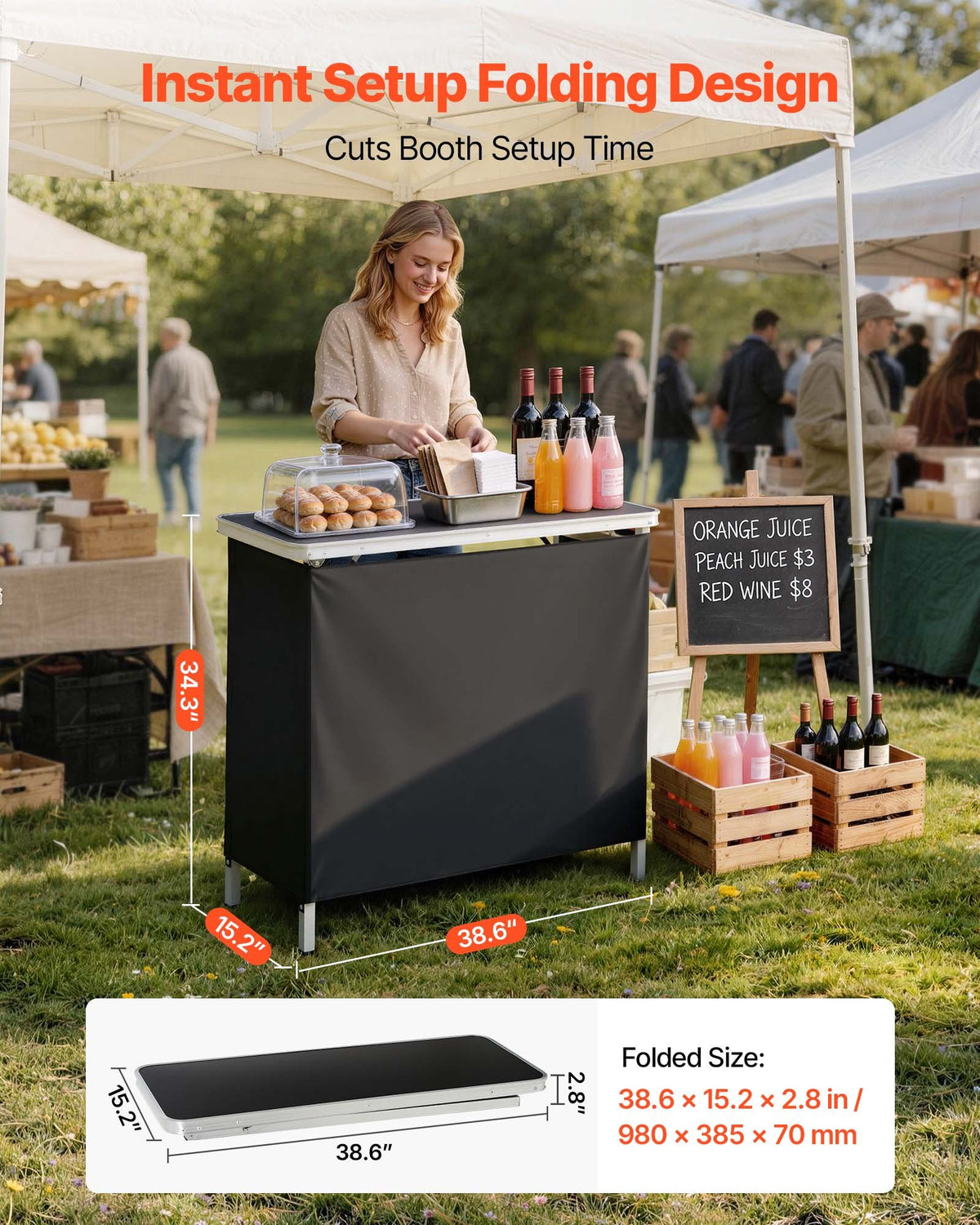 Folding Portable Bar Table, 980 x 385 x 870 mm, with Carry Bag, Storage Shelf, and Detachable Skirt, Quick and Easy Setup, Foldable Mobile Bartending Station for Events, Party, Tradeshow