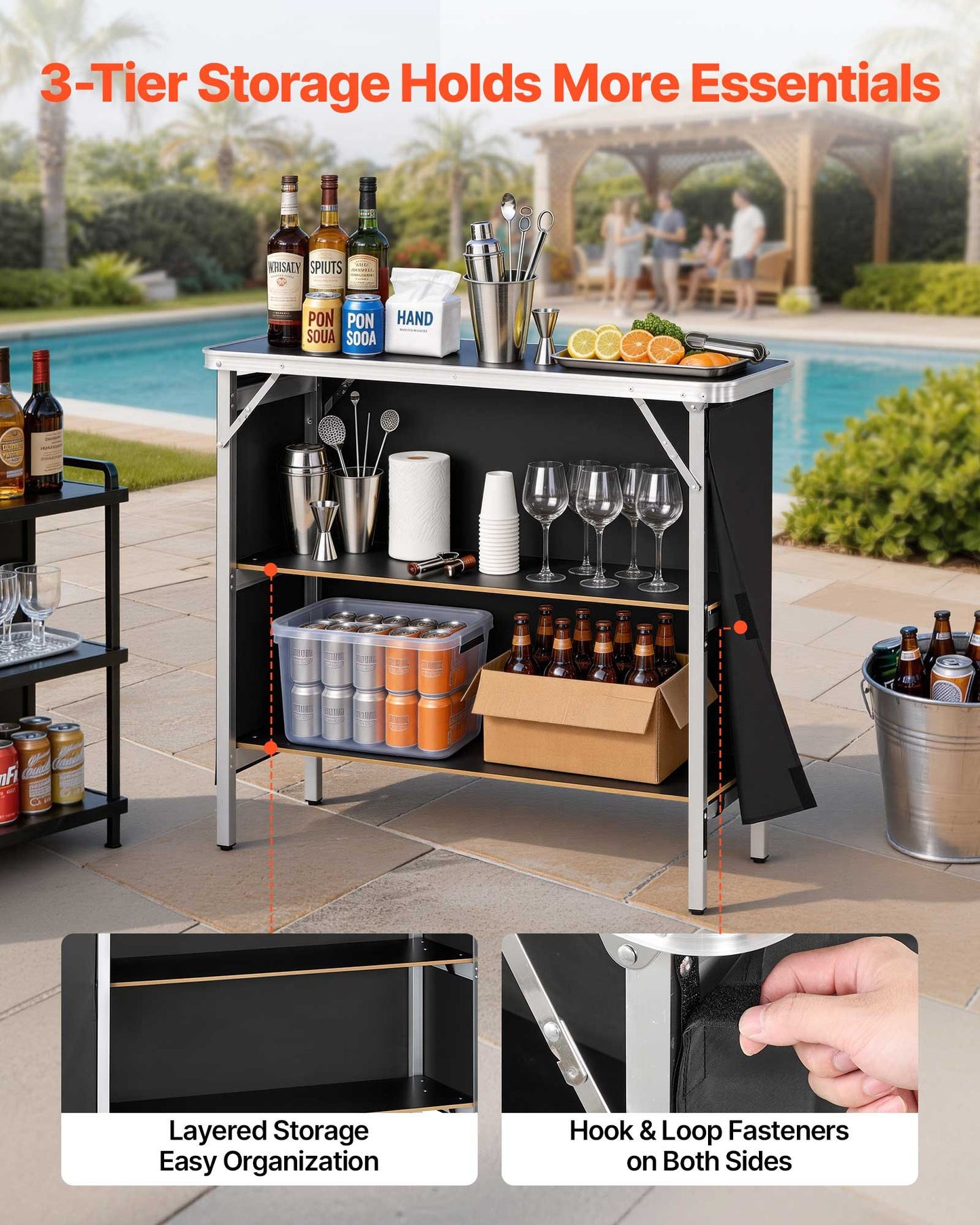 Folding Portable Bar Table, 980 x 385 x 870 mm, with Carry Bag, Storage Shelf, and Detachable Skirt, Quick and Easy Setup, Foldable Mobile Bartending Station for Events, Party, Tradeshow