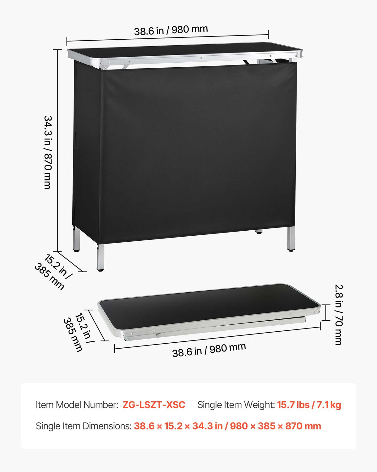 Folding Portable Bar Table, 980 x 385 x 870 mm, with Carry Bag, Storage Shelf, and Detachable Skirt, Quick and Easy Setup, Foldable Mobile Bartending Station for Events, Party, Tradeshow