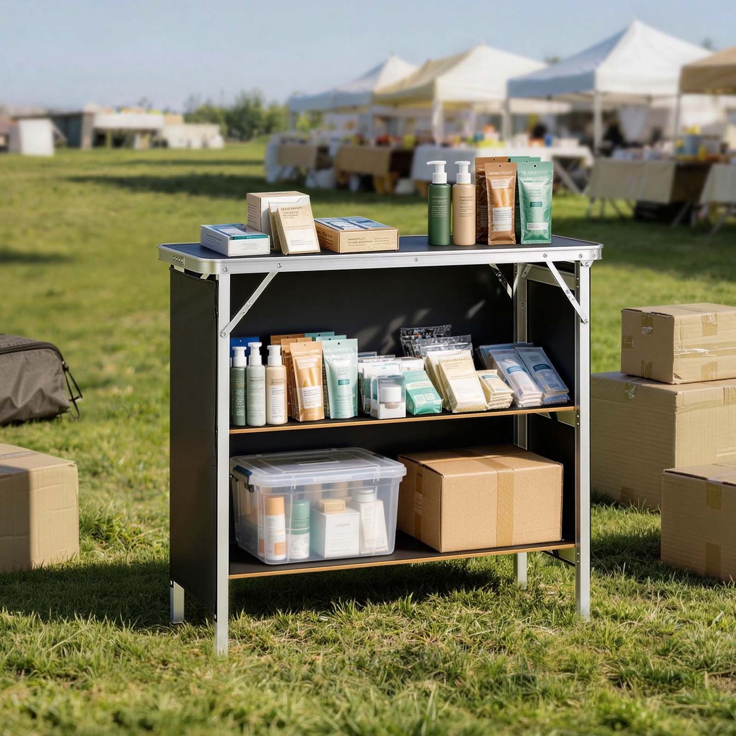 Folding Portable Bar Table, 980 x 385 x 870 mm, with Carry Bag, Storage Shelf, and Detachable Skirt, Quick and Easy Setup, Foldable Mobile Bartending Station for Events, Party, Tradeshow