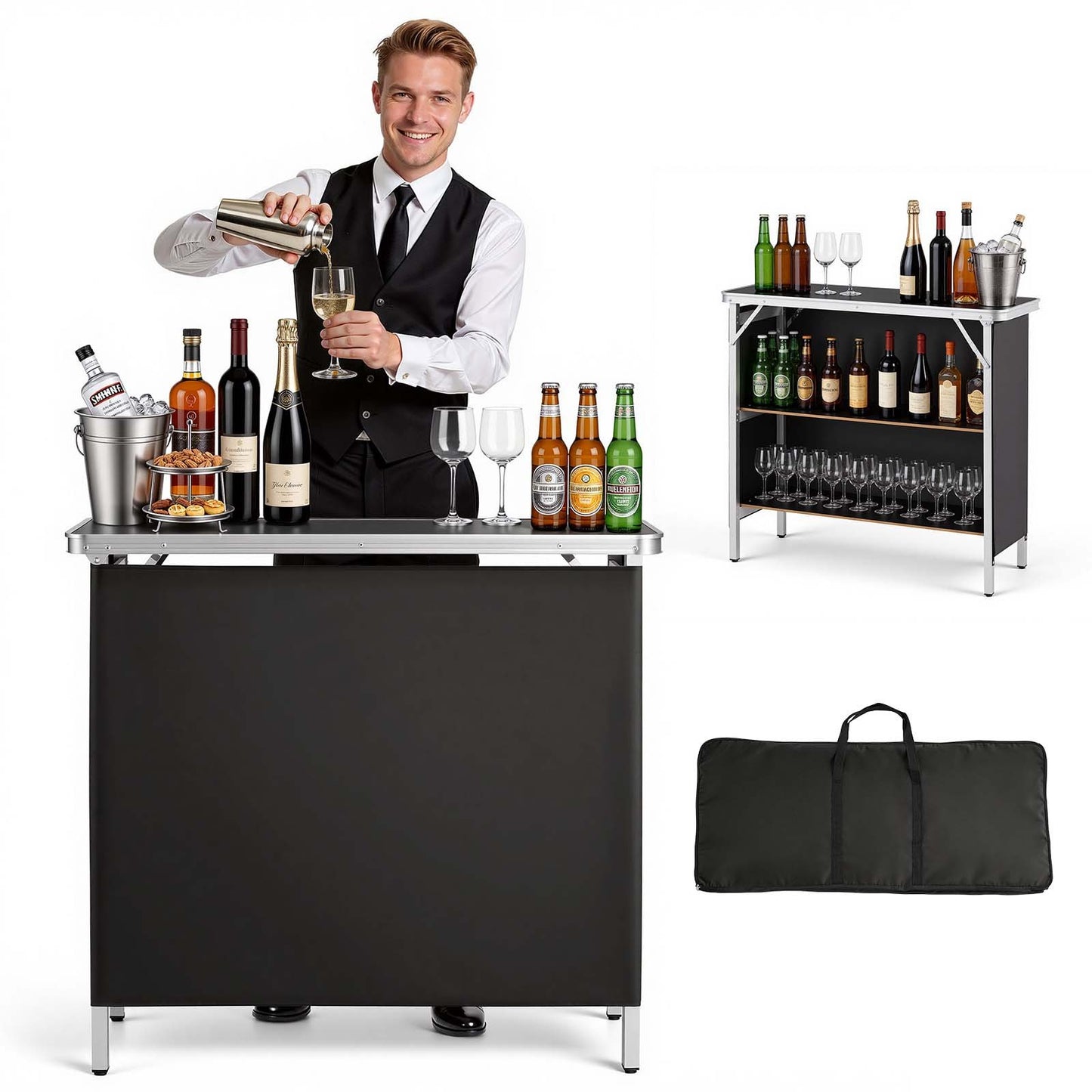 Folding Portable Bar Table, 980 x 385 x 870 mm, with Carry Bag, Storage Shelf, and Detachable Skirt, Quick and Easy Setup, Foldable Mobile Bartending Station for Events, Party, Tradeshow