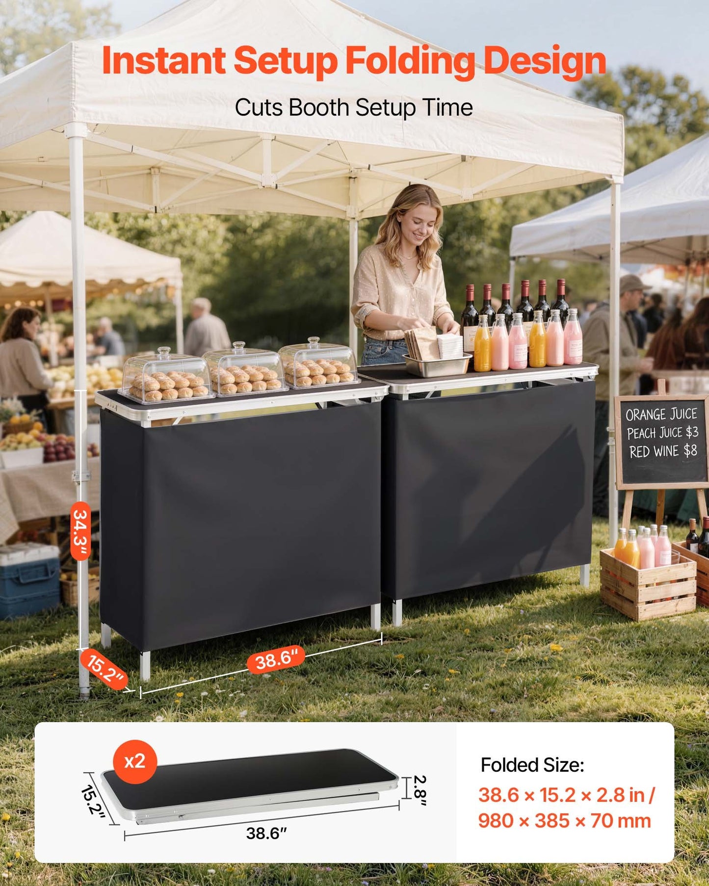 Folding Portable Bar Table, 2 pcs, 980 x 385 x 870 mm, with Carry Bag, Storage Shelf, Detachable Skirt, Quick and Easy Setup, Foldable Mobile Bartending Station for Events, Party, Tradeshow