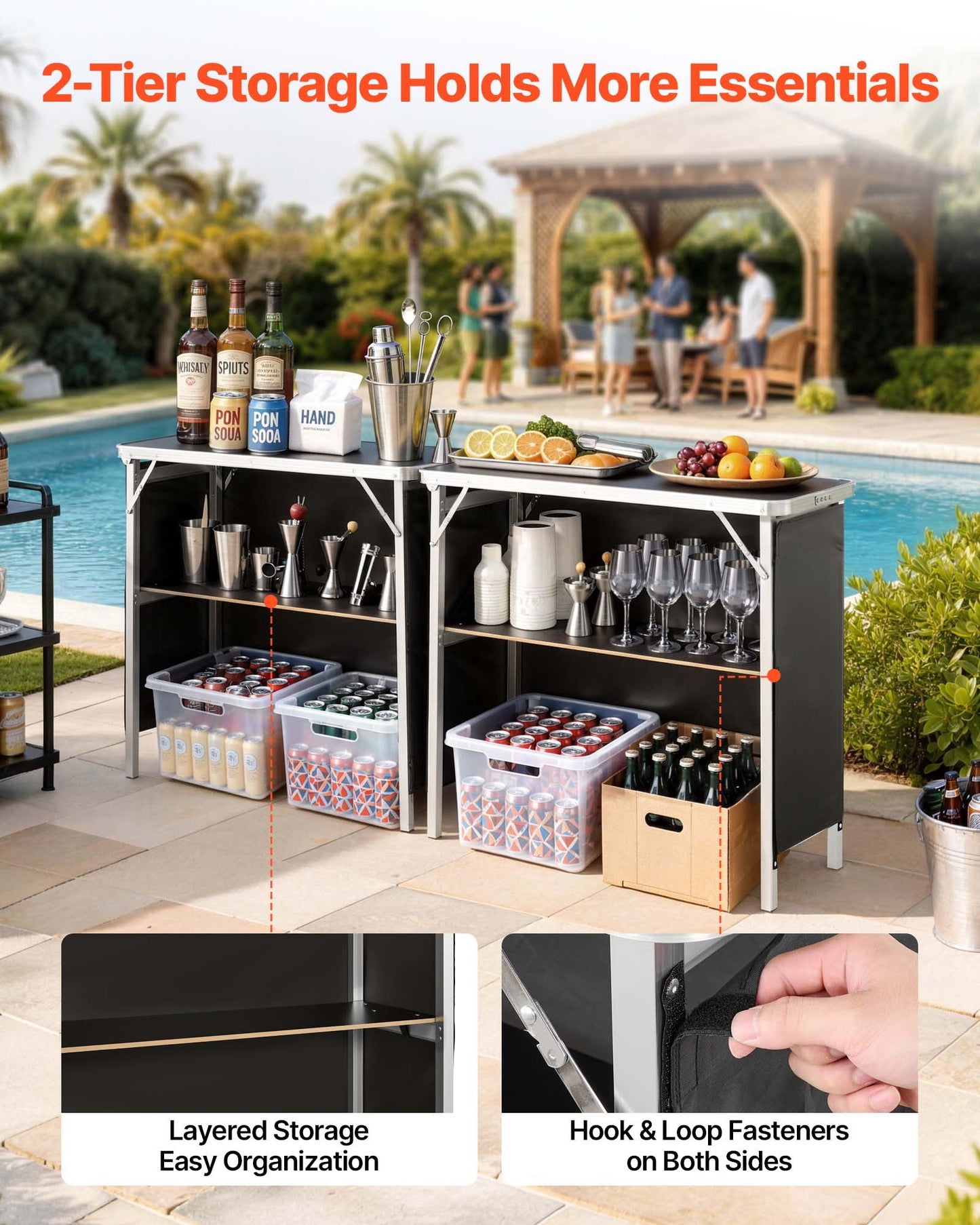 Folding Portable Bar Table, 2 pcs, 980 x 385 x 870 mm, with Carry Bag, Storage Shelf, Detachable Skirt, Quick and Easy Setup, Foldable Mobile Bartending Station for Events, Party, Tradeshow