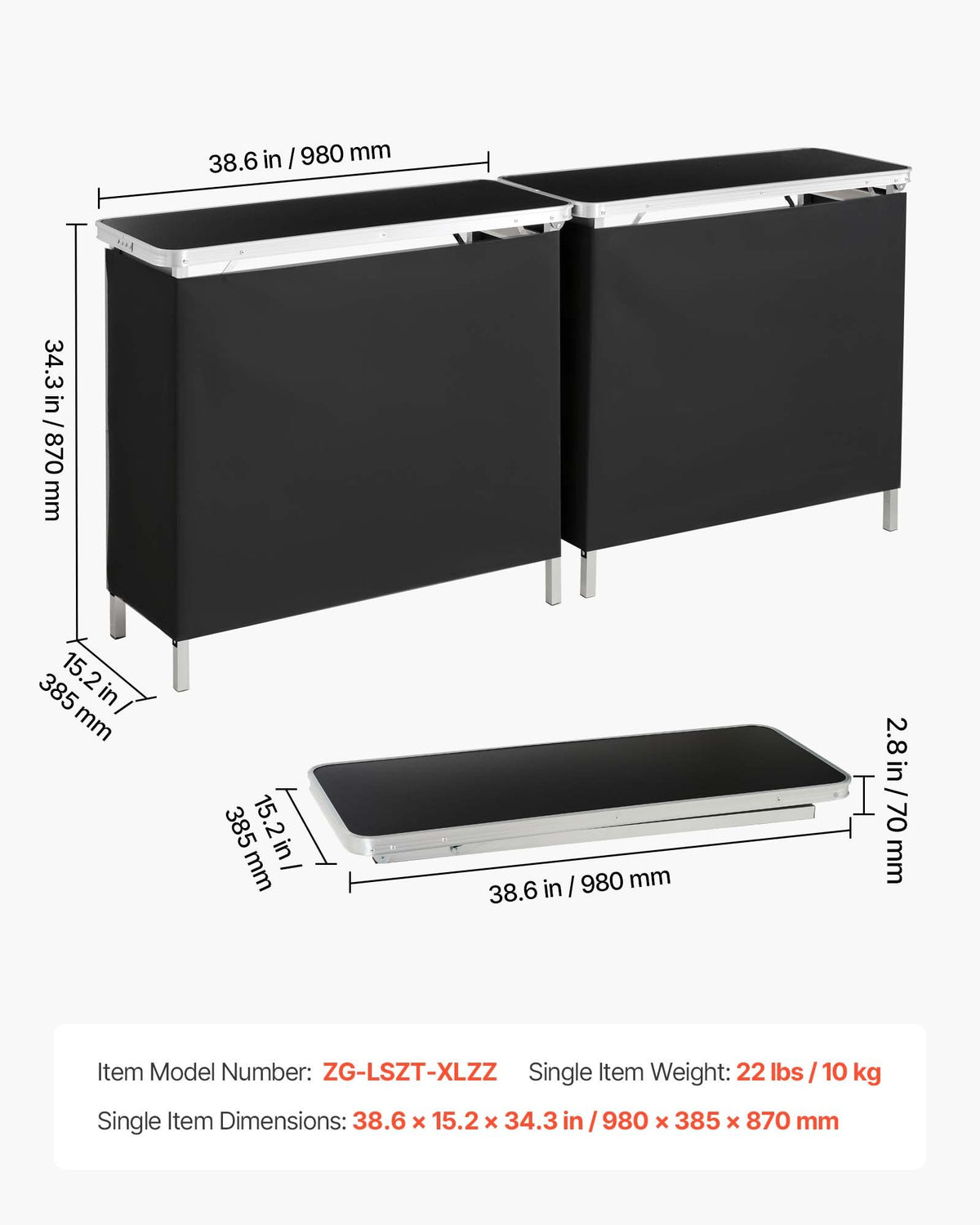 Folding Portable Bar Table, 2 pcs, 980 x 385 x 870 mm, with Carry Bag, Storage Shelf, Detachable Skirt, Quick and Easy Setup, Foldable Mobile Bartending Station for Events, Party, Tradeshow