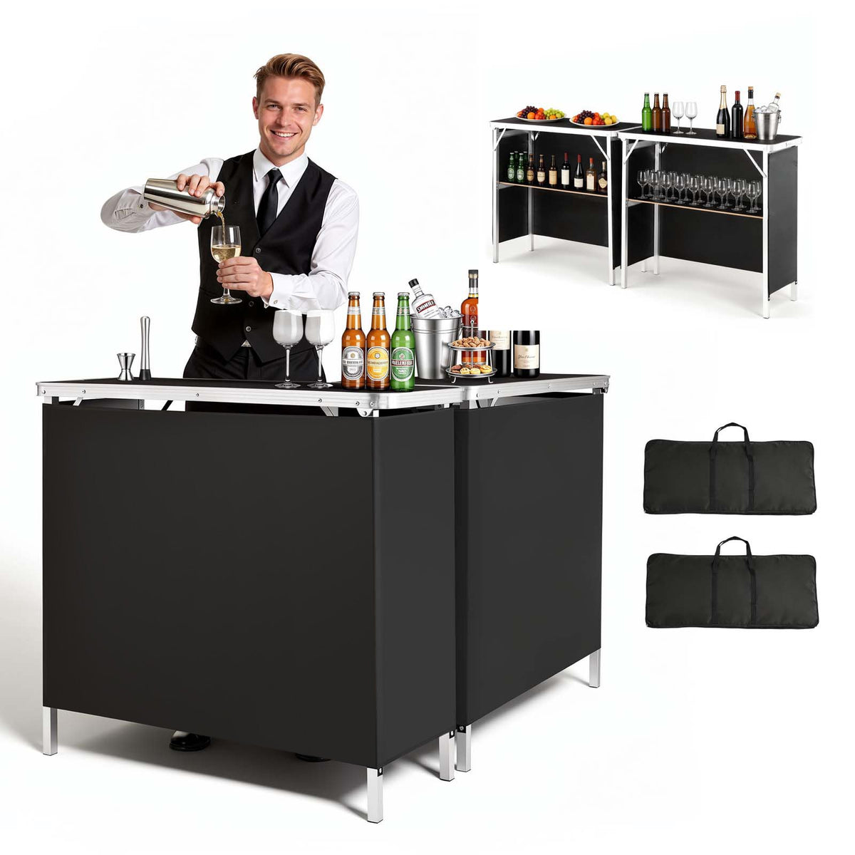 Folding Portable Bar Table, 2 pcs, 980 x 385 x 870 mm, with Carry Bag, Storage Shelf, Detachable Skirt, Quick and Easy Setup, Foldable Mobile Bartending Station for Events, Party, Tradeshow