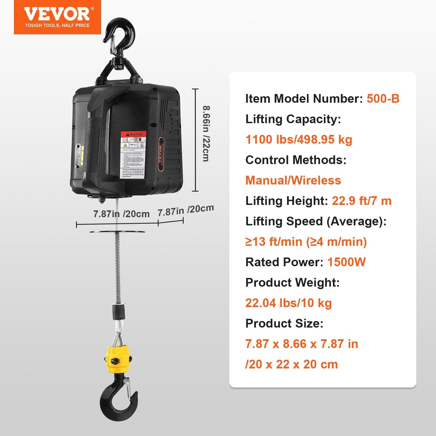 Electric Hoist Winch, 500 kg Capacity, 1500W, 7 m Lift, Remote Controlled