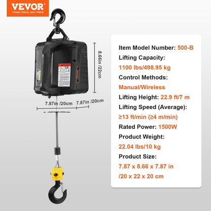 Electric Hoist Winch, 500 kg Capacity, 1500W, 7 m Lift, Remote Controlled