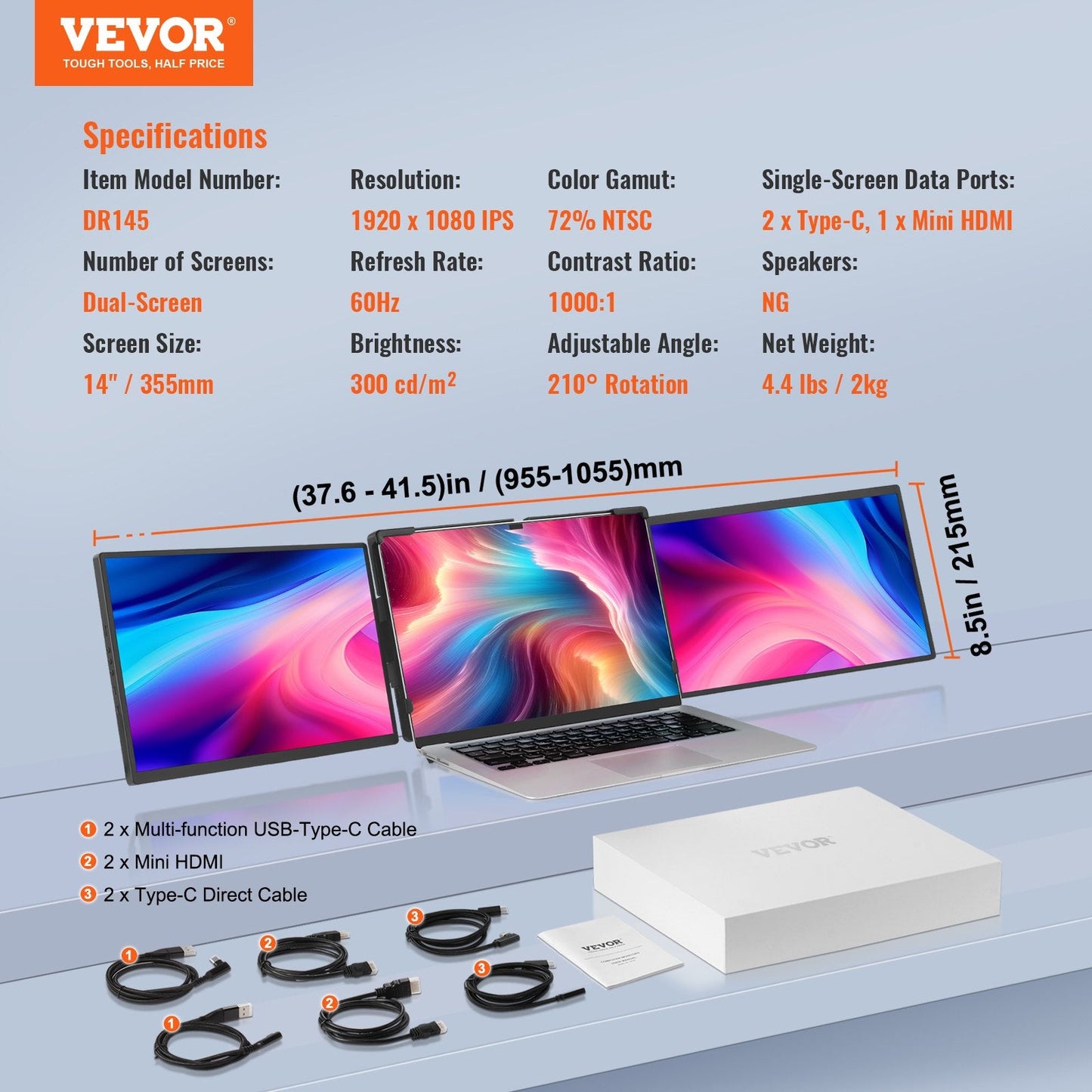 14" 1080P HD Portable Monitor for 33-43cm Laptops, Dual-Screen Extender
