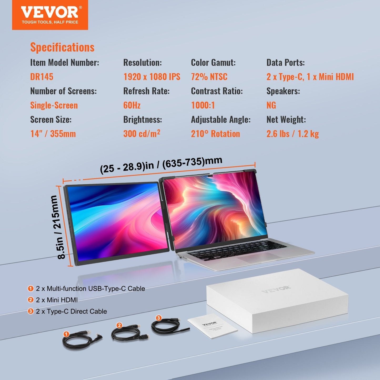 14" HD 1080P Portable Monitor for 0.33-0.43m Laptops, 210° Rotation, 1.2kg