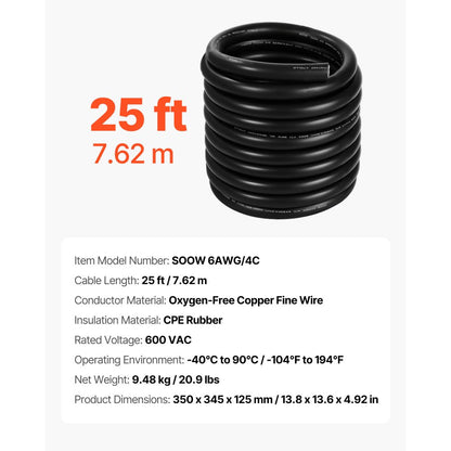 VEVOR 7.62 m 6AWG Portable Electrical Power Cable Extension Cord Copper Wire