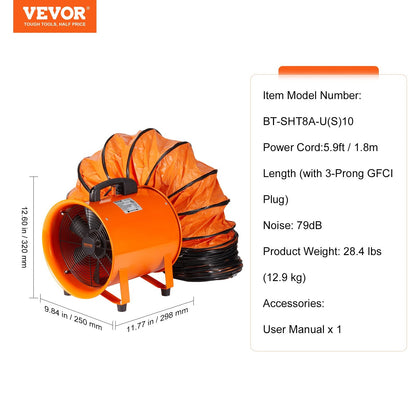 Heavy Duty 0.2m Cylinder Fan with 10m Hose, 1020CFM Industrial Exhaust Blower