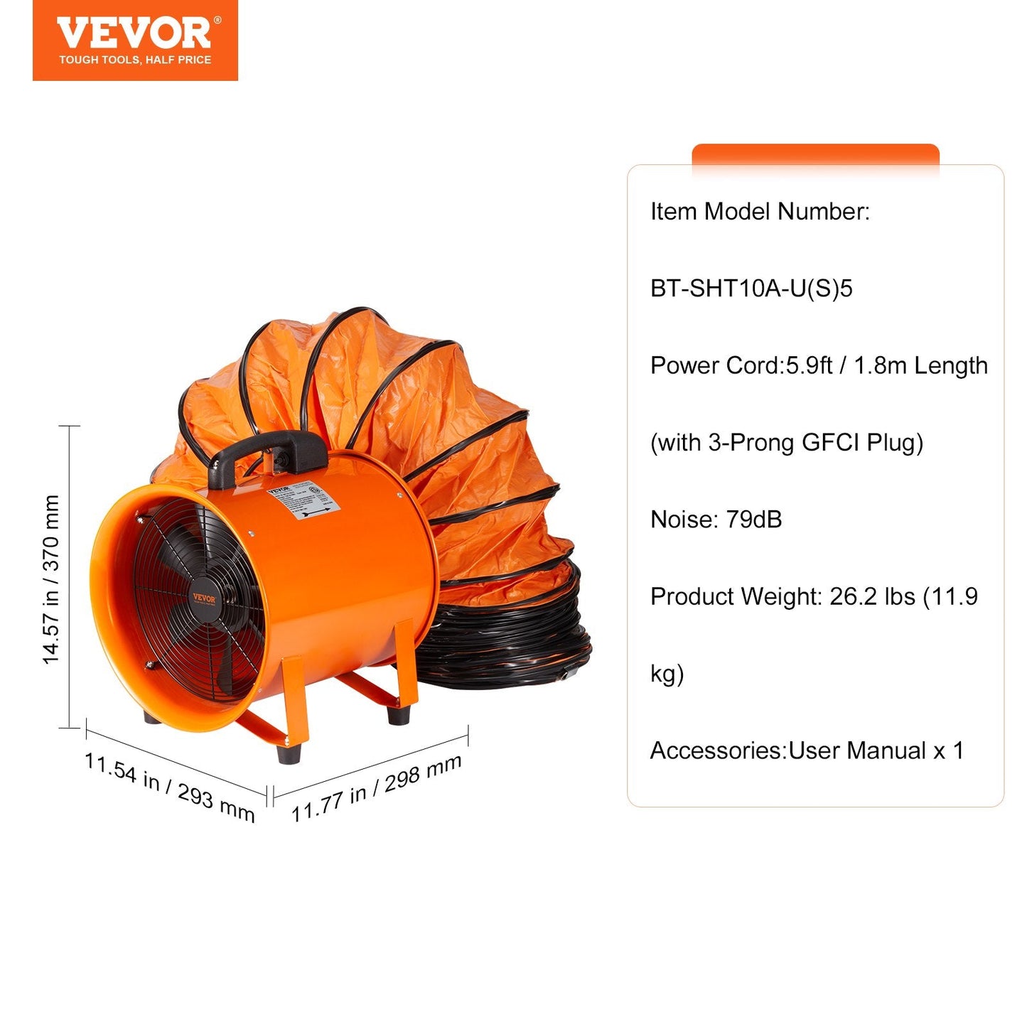 Industrial 254mm Cylinder Fan with 5m Hose and 1720CFM Exhaust Blower