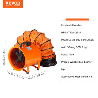 VEVOR Portable Ventilator, 304.8mm/12inch Heavy Duty Cylinder Fan with 5m Duct Hose,