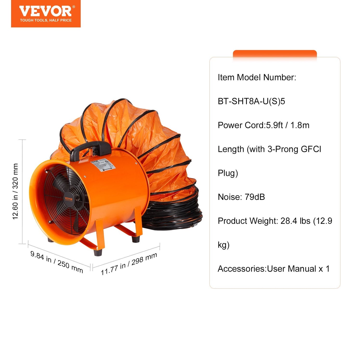 Heavy Duty 0.2m Cylinder Fan with 5m Hose, 145W Industrial Exhaust Blower