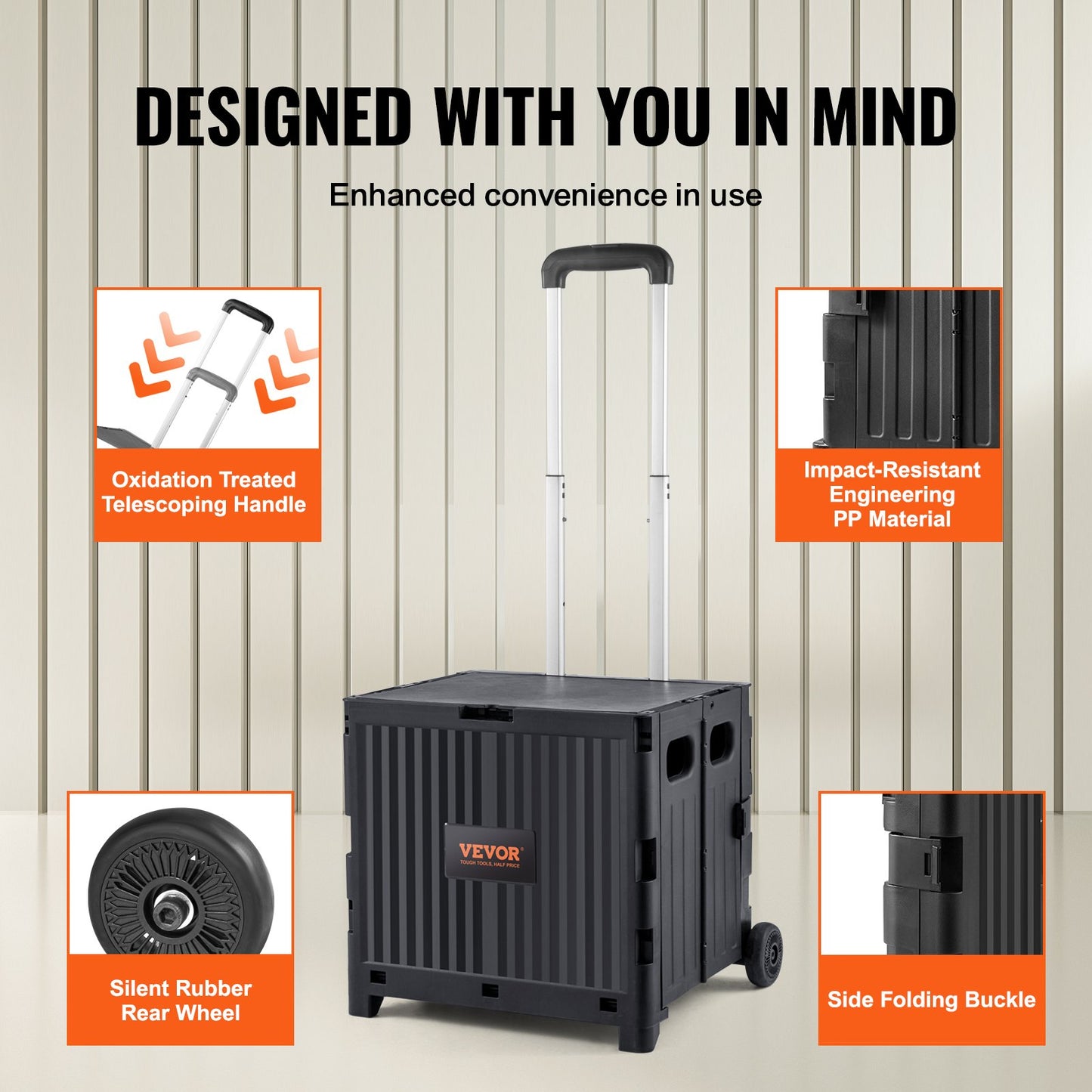 VEVOR Foldable Utility Cart, 36 kg Load Capacity, Folding Portable Rolling Crate