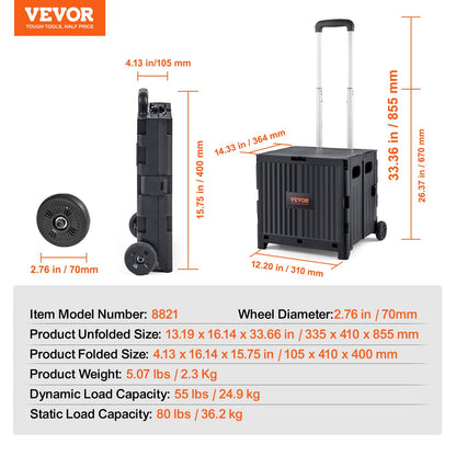 VEVOR Foldable Utility Cart, 36 kg Load Capacity, Folding Portable Rolling Crate