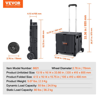 Foldable Utility Cart with 36 kg Capacity and Telescoping Handle, Black