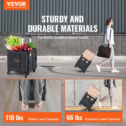 Foldable Utility Cart with 50 kg Capacity, Portable Rolling Crate for Travel & Office