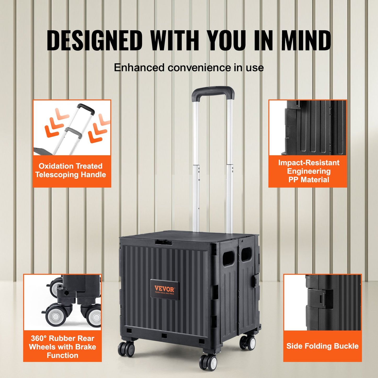 VEVOR Foldable Utility Cart, 50 kg Load Capacity, Folding Portable Rolling Crate