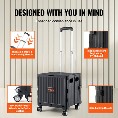 VEVOR Foldable Utility Cart, 50 kg Load Capacity, Folding Portable Rolling Crate