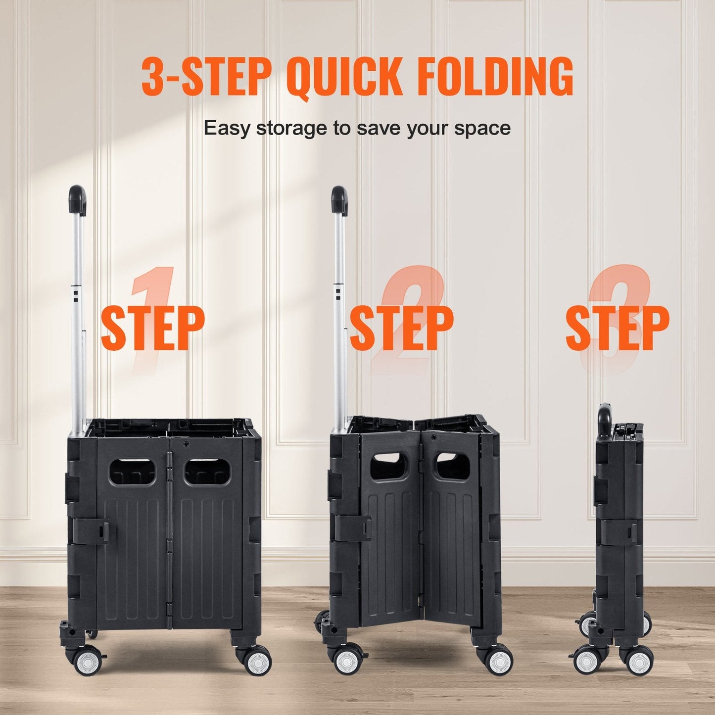 Foldable Utility Cart with 50 kg Capacity, Portable Rolling Crate for Travel & Office