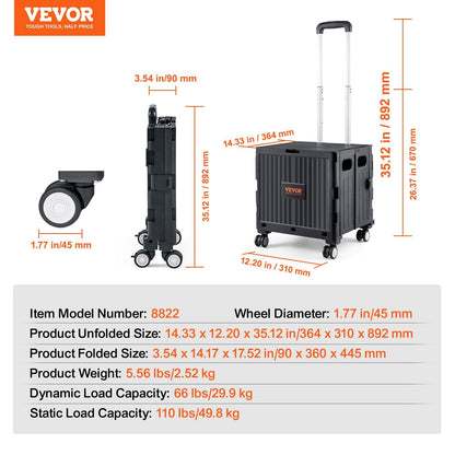 Foldable Utility Cart with 50 kg Capacity, Portable Rolling Crate for Travel & Office