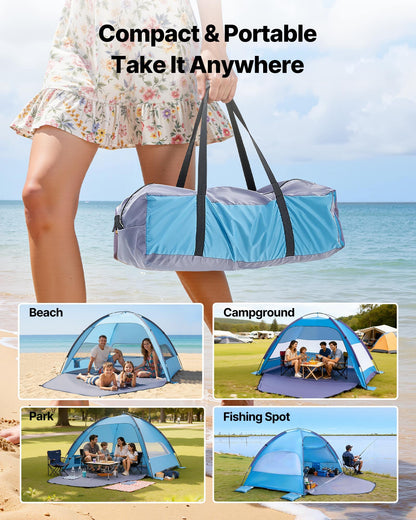 Beach Tent Sun Shelter for 4 Person, UPF 50+ Protection, Portable Sun Shade Canopy with Carrying Bag & Sand Pockets, Lightweight and Easy Setup Beach Umbrella for Camping Fishing Outdoor Picnic