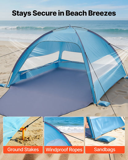 Beach Tent Sun Shelter for 6 Person, UPF 50+ Protection, Portable Sun Shade Canopy with Carrying Bag & Sand Pockets, Lightweight and Easy Setup Beach Umbrella for Camping Fishing Outdoor Picnic