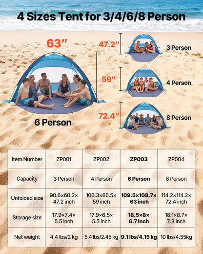 Beach Tent Sun Shelter for 6 Person, UPF 50+ Protection, Portable Sun Shade Canopy with Carrying Bag & Sand Pockets, Lightweight and Easy Setup Beach Umbrella for Camping Fishing Outdoor Picnic