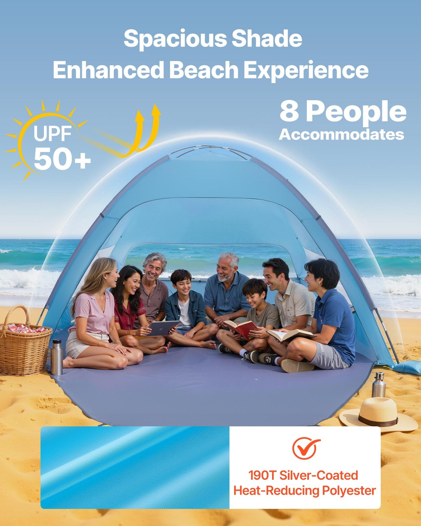 Beach Tent Sun Shelter for 8 Person, UPF 50+ Protection, Portable Sun Shade Canopy with Carrying Bag & Sand Pockets, Lightweight and Easy Setup Beach Umbrella for Camping Fishing Outdoor Picnic