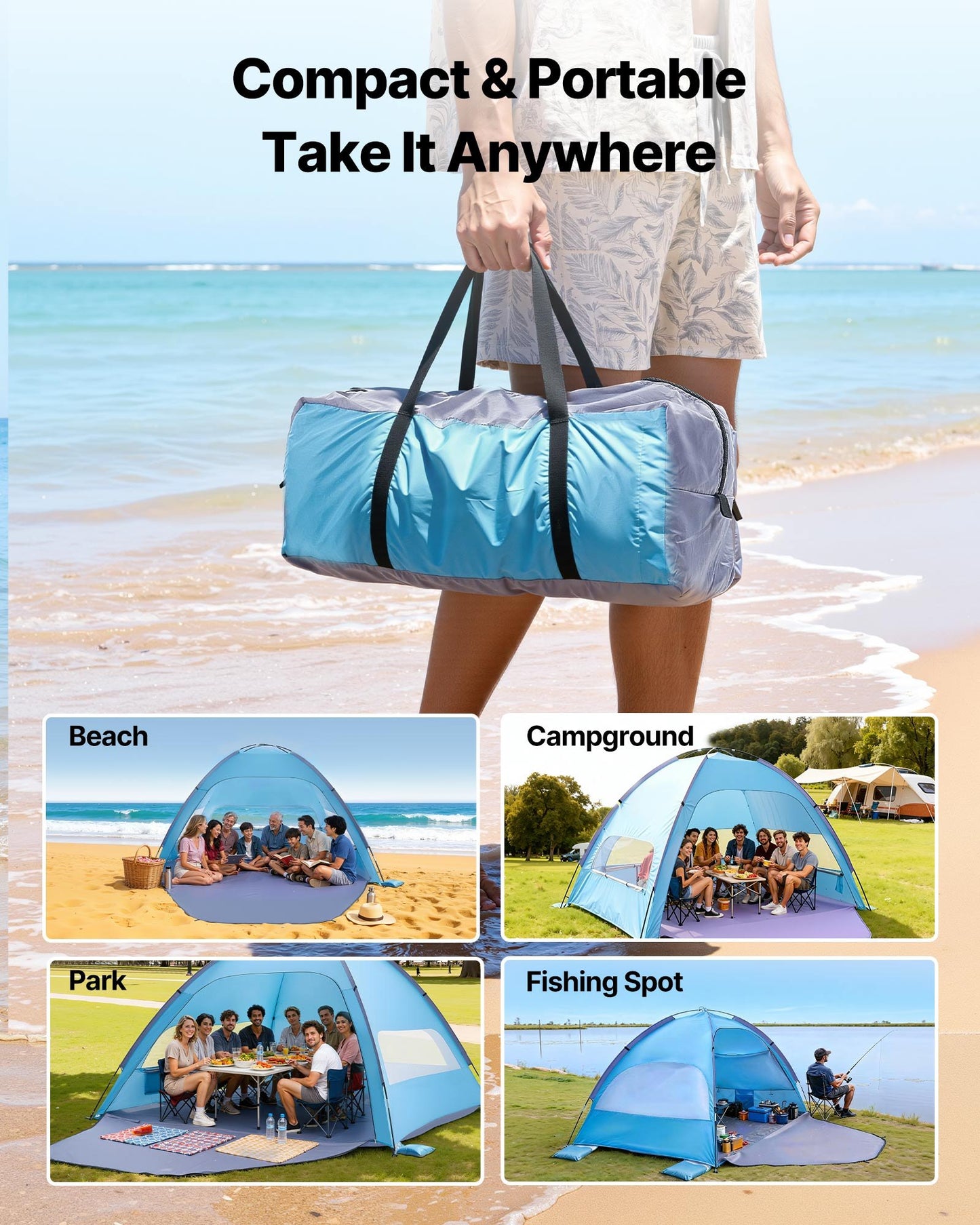 Beach Tent Sun Shelter for 8 Person, UPF 50+ Protection, Portable Sun Shade Canopy with Carrying Bag & Sand Pockets, Lightweight and Easy Setup Beach Umbrella for Camping Fishing Outdoor Picnic