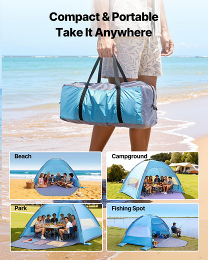 Beach Tent Sun Shelter for 8 Person, UPF 50+ Protection, Portable Sun Shade Canopy with Carrying Bag & Sand Pockets, Lightweight and Easy Setup Beach Umbrella for Camping Fishing Outdoor Picnic