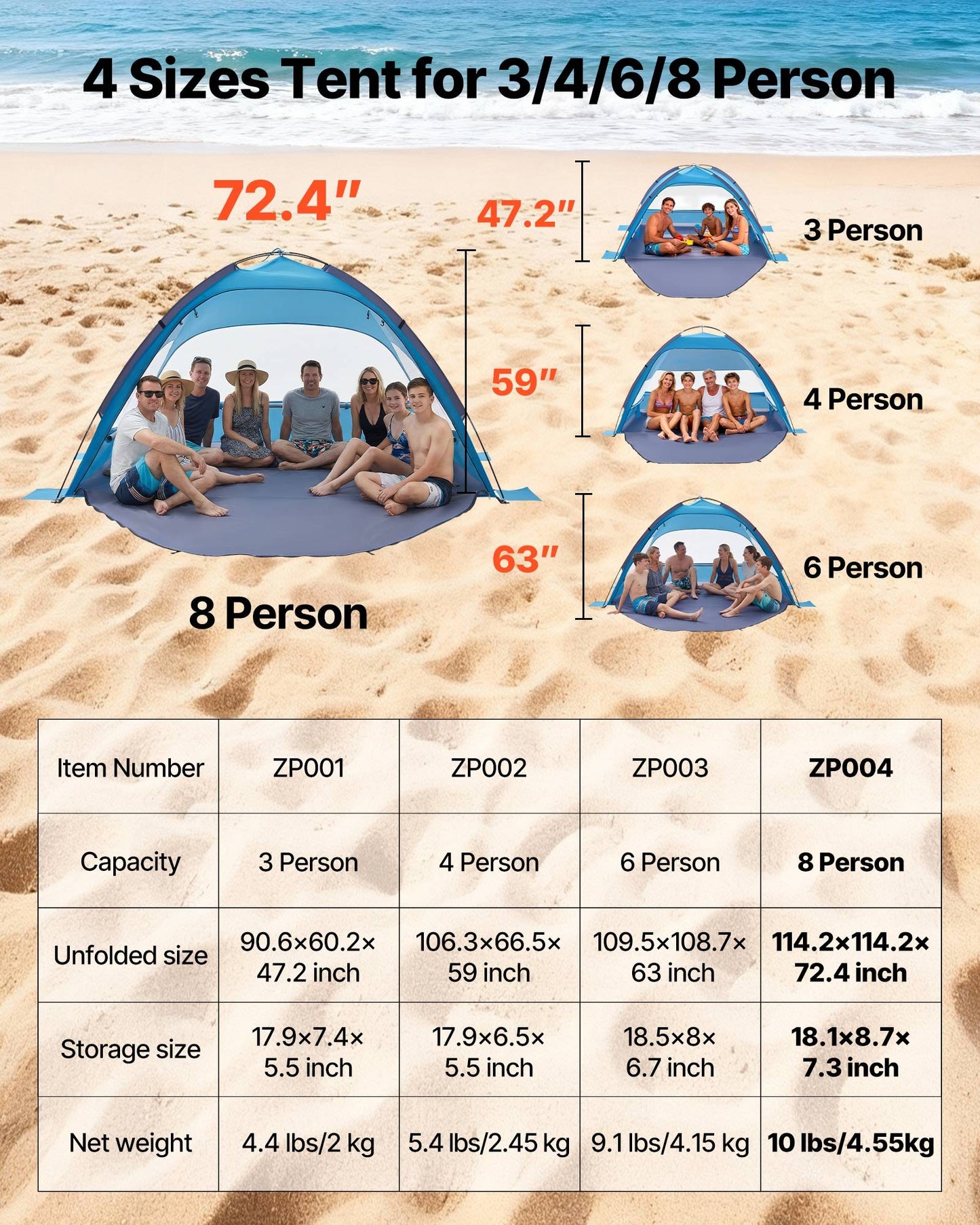 Beach Tent Sun Shelter for 8 Person, UPF 50+ Protection, Portable Sun Shade Canopy with Carrying Bag & Sand Pockets, Lightweight and Easy Setup Beach Umbrella for Camping Fishing Outdoor Picnic