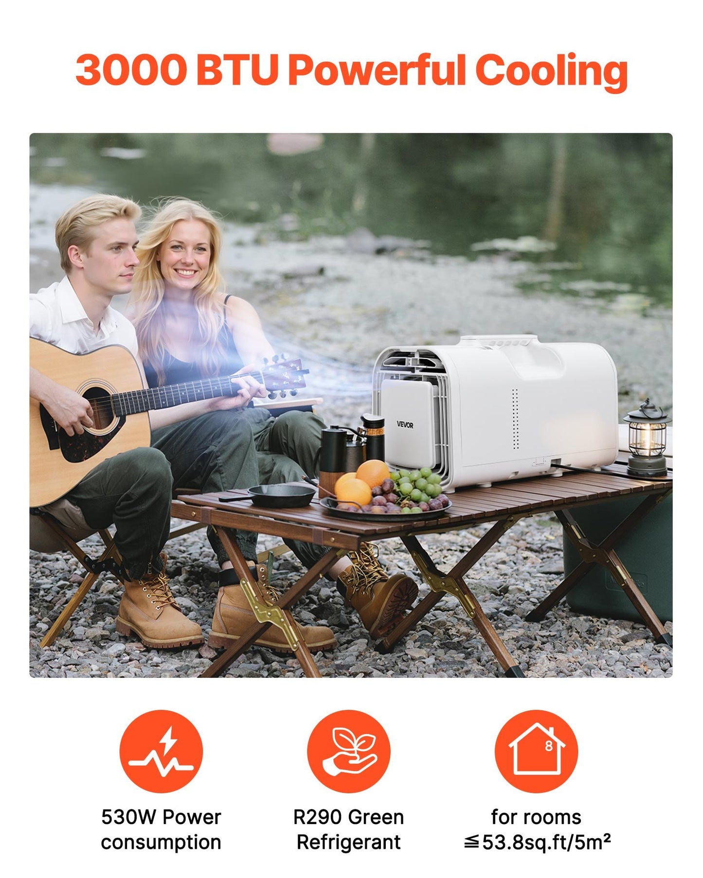 Portable Camping Air Conditioner, 3000 BTU Tent AC Unit, 530W Cooling Only, Touch & Remote Control, 24H Timer, 200 m³/h Airflow, Multiple Modes for Tents, RVs, Camping, Outdoor Use, Home, White
