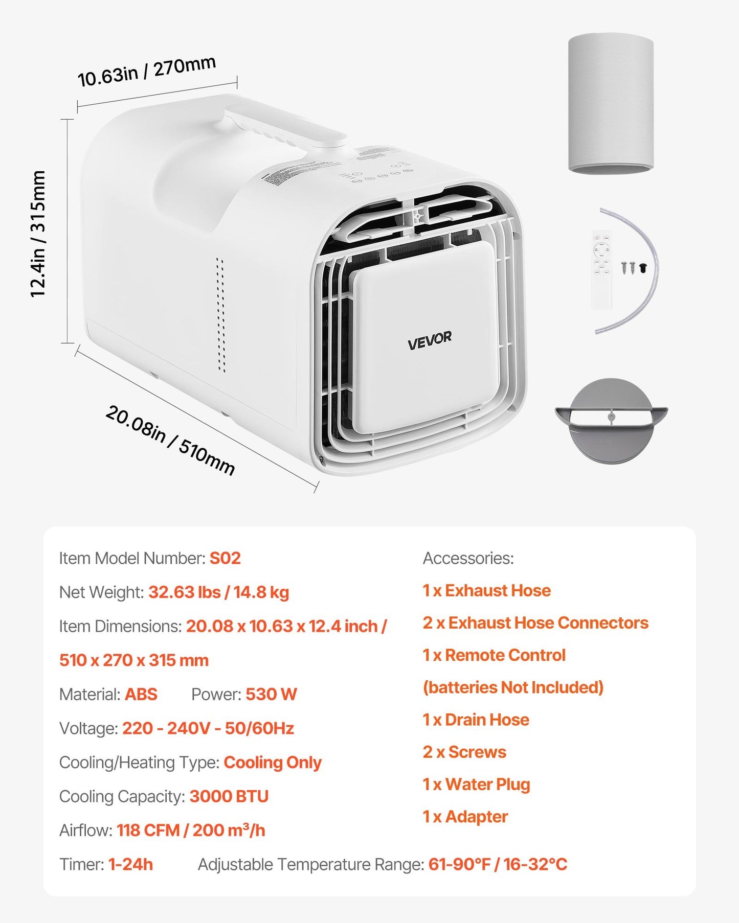 Portable Camping Air Conditioner, 3000 BTU Tent AC Unit, 530W Cooling Only, Touch & Remote Control, 24H Timer, 200 m³/h Airflow, Multiple Modes for Tents, RVs, Camping, Outdoor Use, Home, White