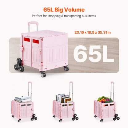 Foldable Cart with Stair Climbing Wheels Collapsible Rolling Crate 65L