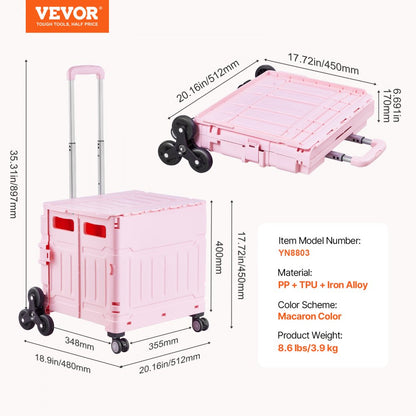 Foldable Cart with Stair Climbing Wheels Collapsible Rolling Crate 65L