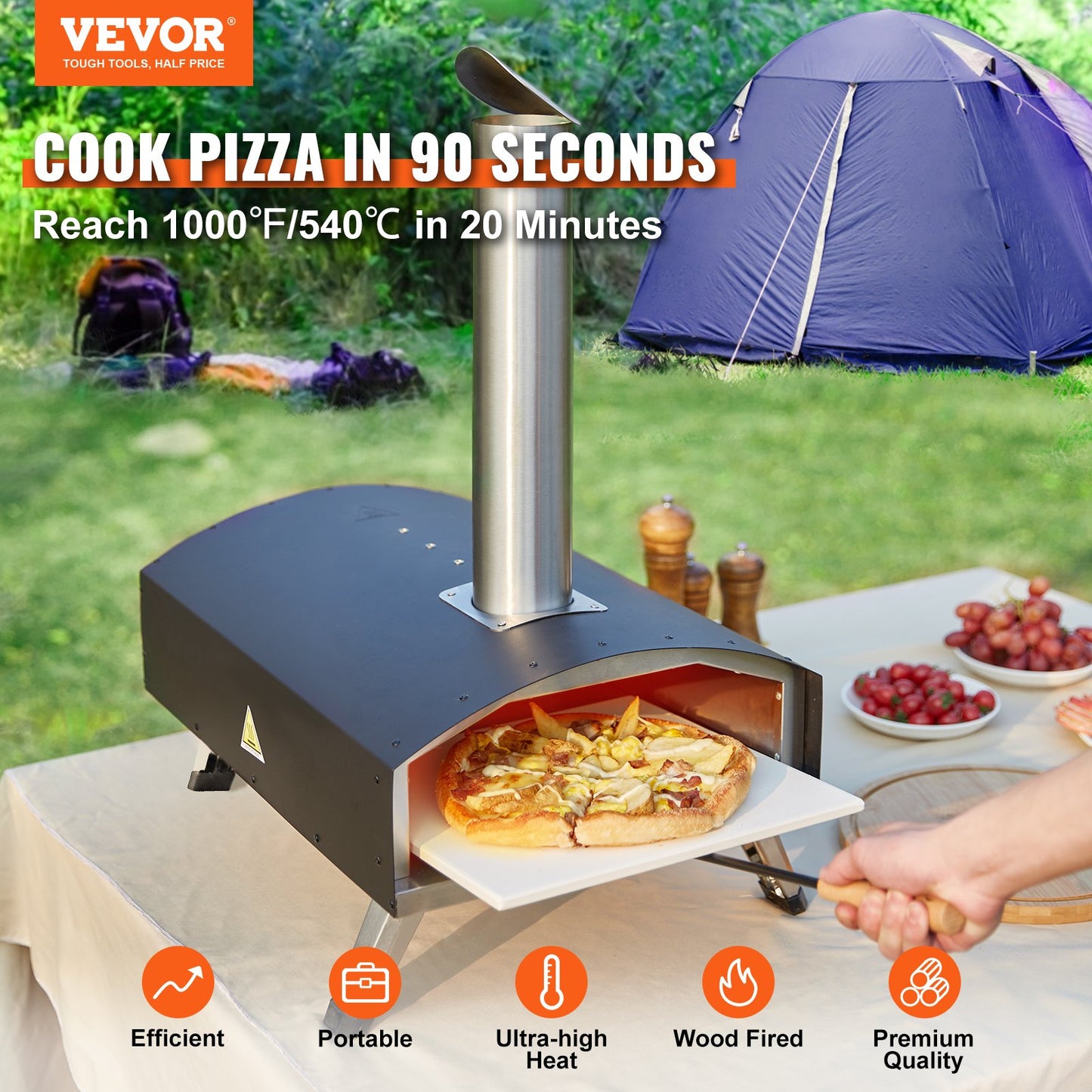 VEVOR Outdoor Pizza Oven, 12-inch, Wood Pellet and Charcoal Fired Pizza Maker, Portable