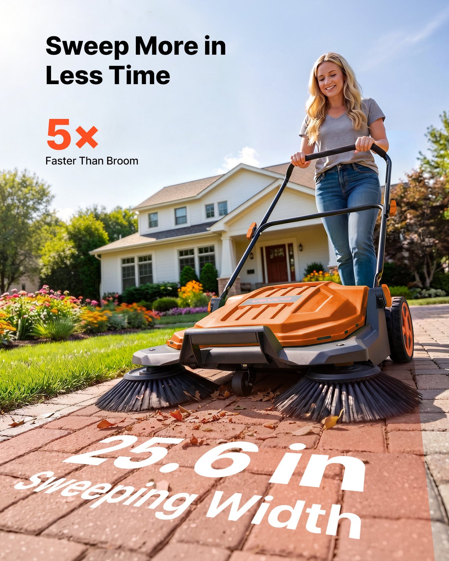 Walk-Behind Hand Push Floor Sweeper, Manual Floor Sweeper Non-Electric with 650mm Sweeping Width, 18.9L Waste Container & Adjustable Folding Handle for Yards Walkways Patios Garages - Orange