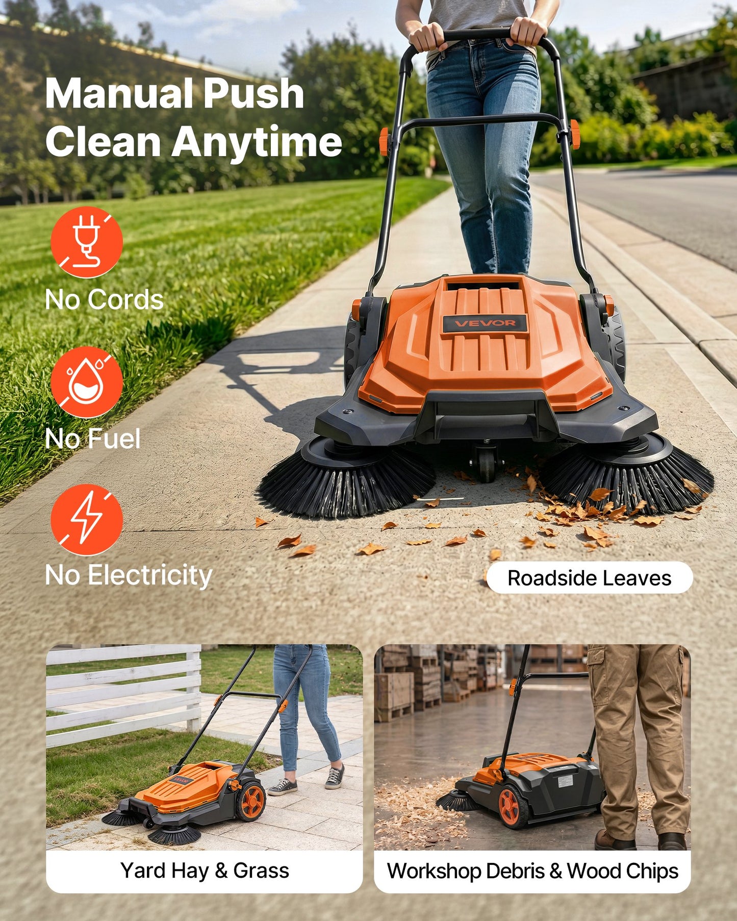 Walk-Behind Hand Push Floor Sweeper, Manual Floor Sweeper Non-Electric with 650mm Sweeping Width, 18.9L Waste Container & Adjustable Folding Handle for Yards Walkways Patios Garages - Orange