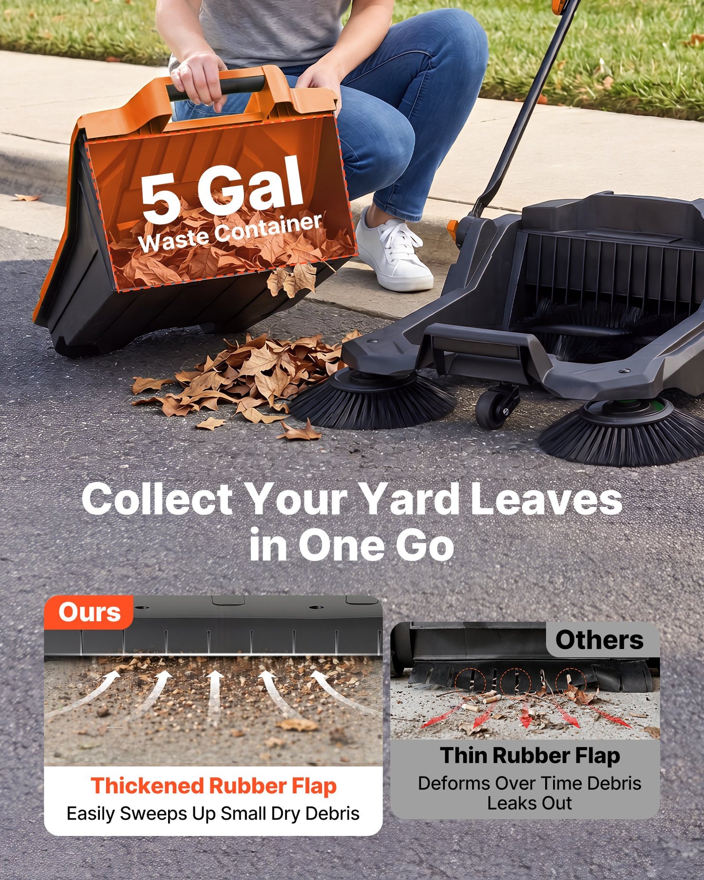 Walk-Behind Hand Push Floor Sweeper, Manual Floor Sweeper Non-Electric with 650mm Sweeping Width, 18.9L Waste Container & Adjustable Folding Handle for Yards Walkways Patios Garages - Orange