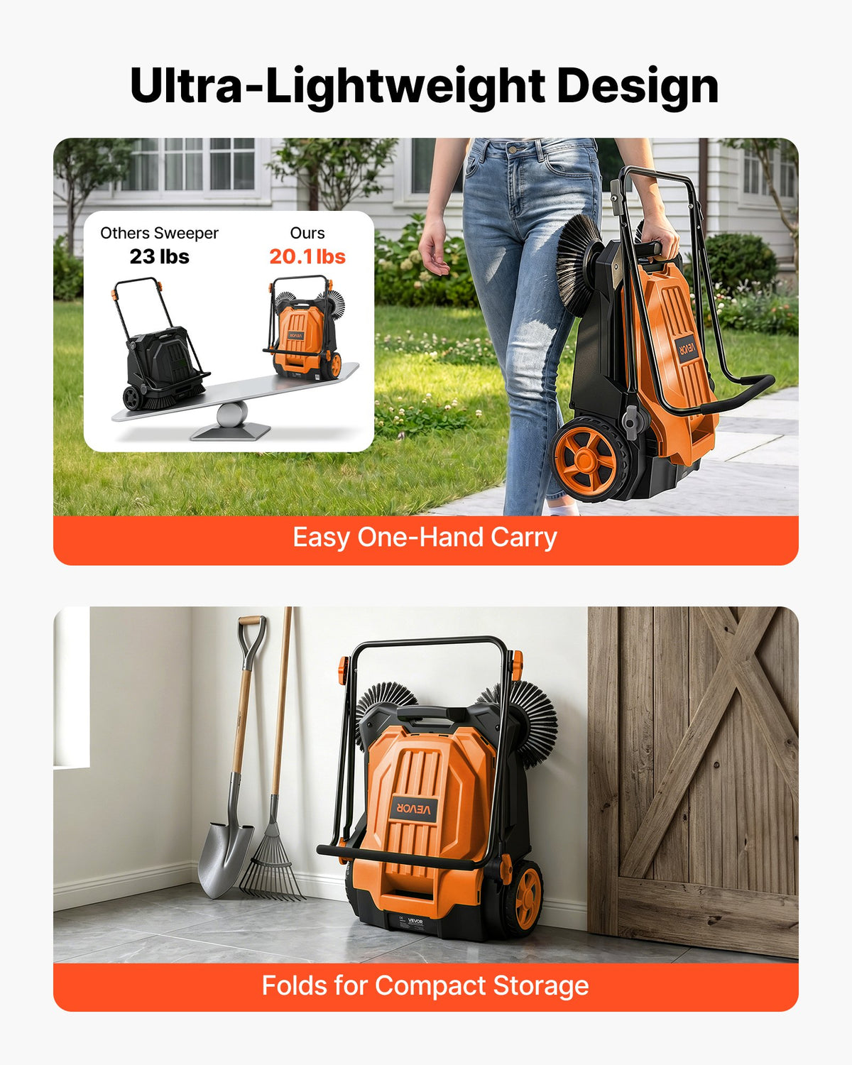 Walk-Behind Hand Push Floor Sweeper, Manual Floor Sweeper Non-Electric with 650mm Sweeping Width, 18.9L Waste Container & Adjustable Folding Handle for Yards Walkways Patios Garages - Orange