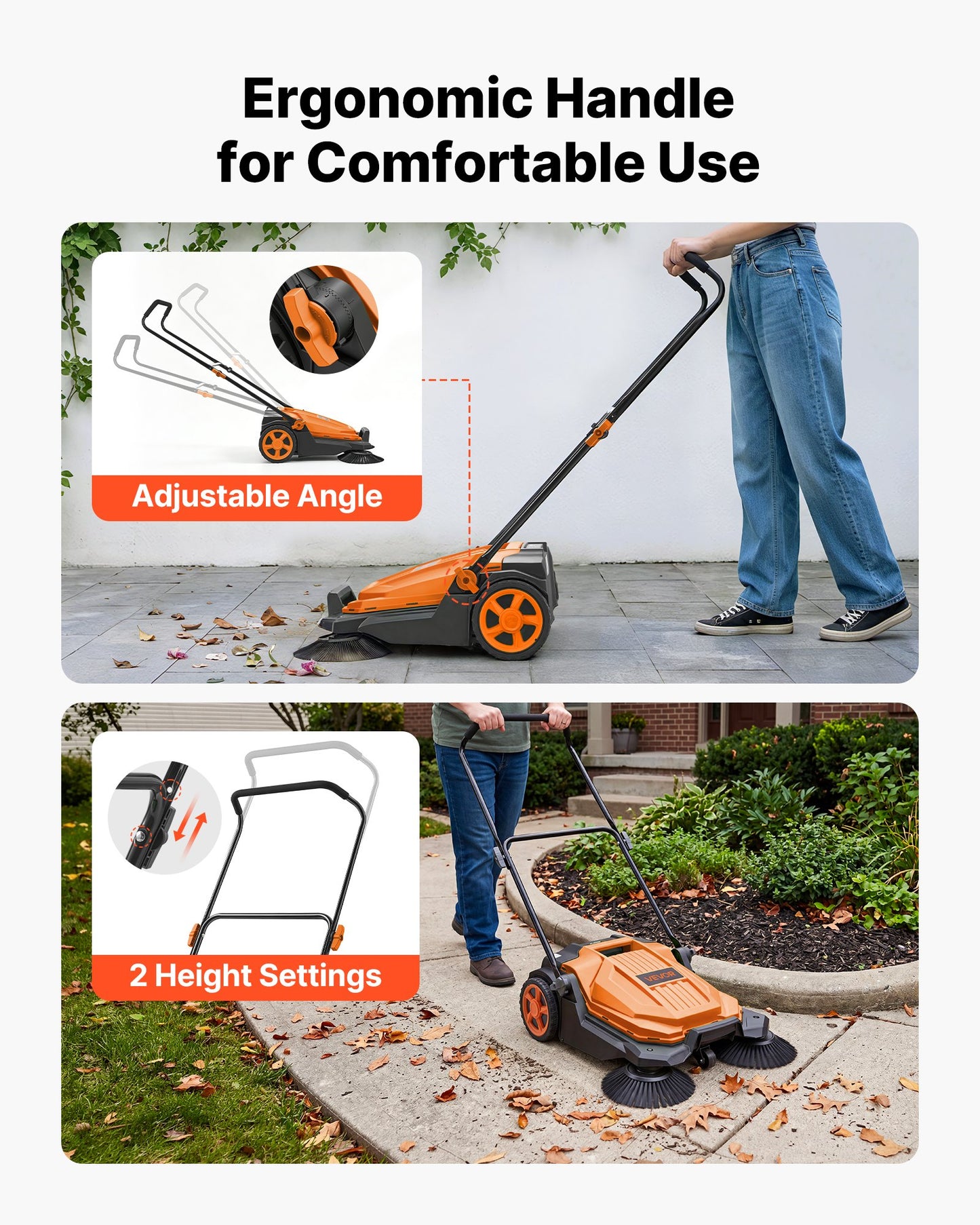 Walk-Behind Hand Push Floor Sweeper, Manual Floor Sweeper Non-Electric with 650mm Sweeping Width, 18.9L Waste Container & Adjustable Folding Handle for Yards Walkways Patios Garages - Orange
