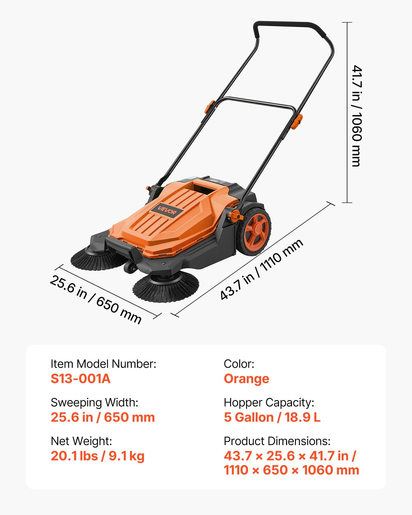 Walk-Behind Hand Push Floor Sweeper, Manual Floor Sweeper Non-Electric with 650mm Sweeping Width, 18.9L Waste Container & Adjustable Folding Handle for Yards Walkways Patios Garages - Orange